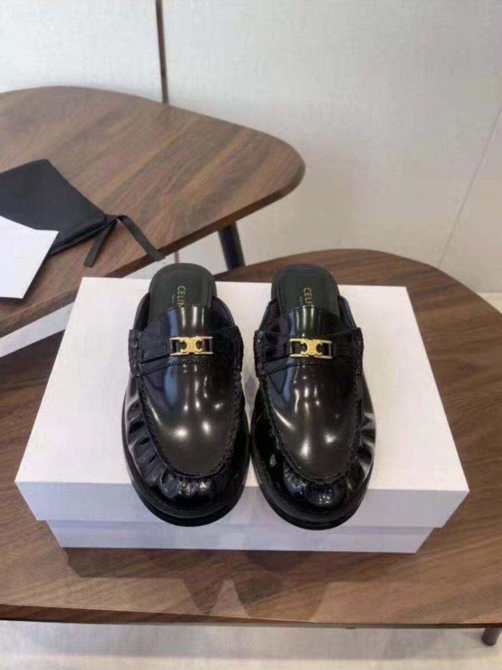 CELINE Black Patent Leather Triomphe Backless Loafer Mules